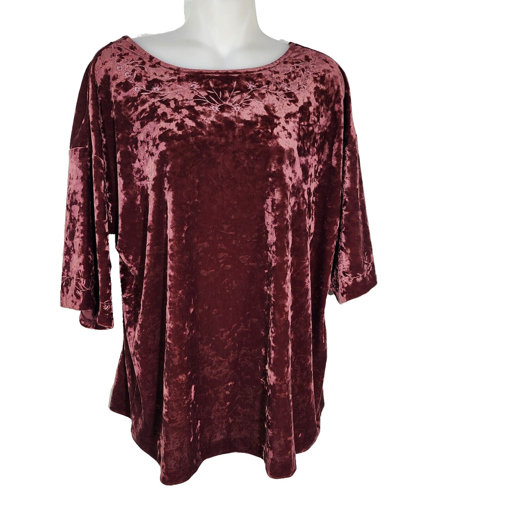 J. Jill Women's Top Size Medium Pinot Burgundy Crushed Velour Floral Embroidered